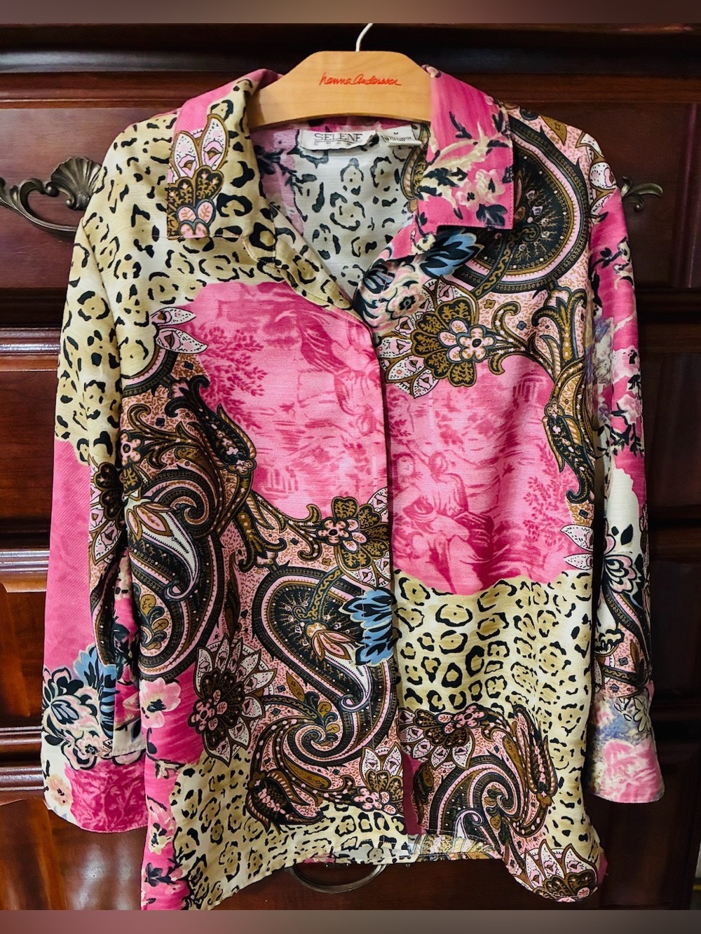 Vintage Selene Sport Mixed Print Blouse - Pink Paisley & Leopard - Size Medium - Picture 4 of 5